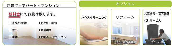 遺品整理の料金　戸建て・アパート・マンション低料金にてお受け致します。オプション　ハウスクリーニング、リフォーム、お墓参り・墓石掃除代行サービス